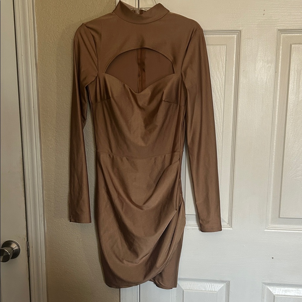 Fashion Nova Chic Brown Long Sleeve Dress